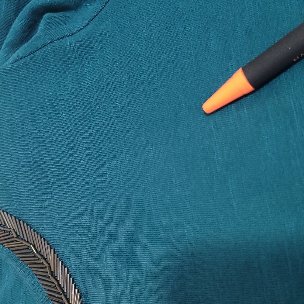 COLD WATER CREEK TEAL BLOUSE 3/4 SLEEVE SEQUIN DETAIL NECK SIZE L - Picture 11 of 12